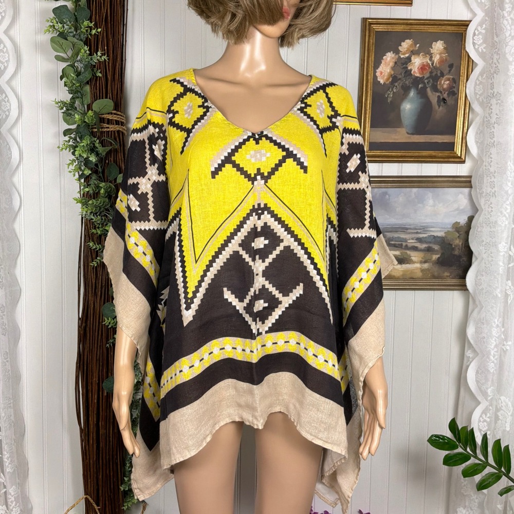 John Mark Poncho Top Womens XL Yellow Excellent Geometric Ramie V-Neck
